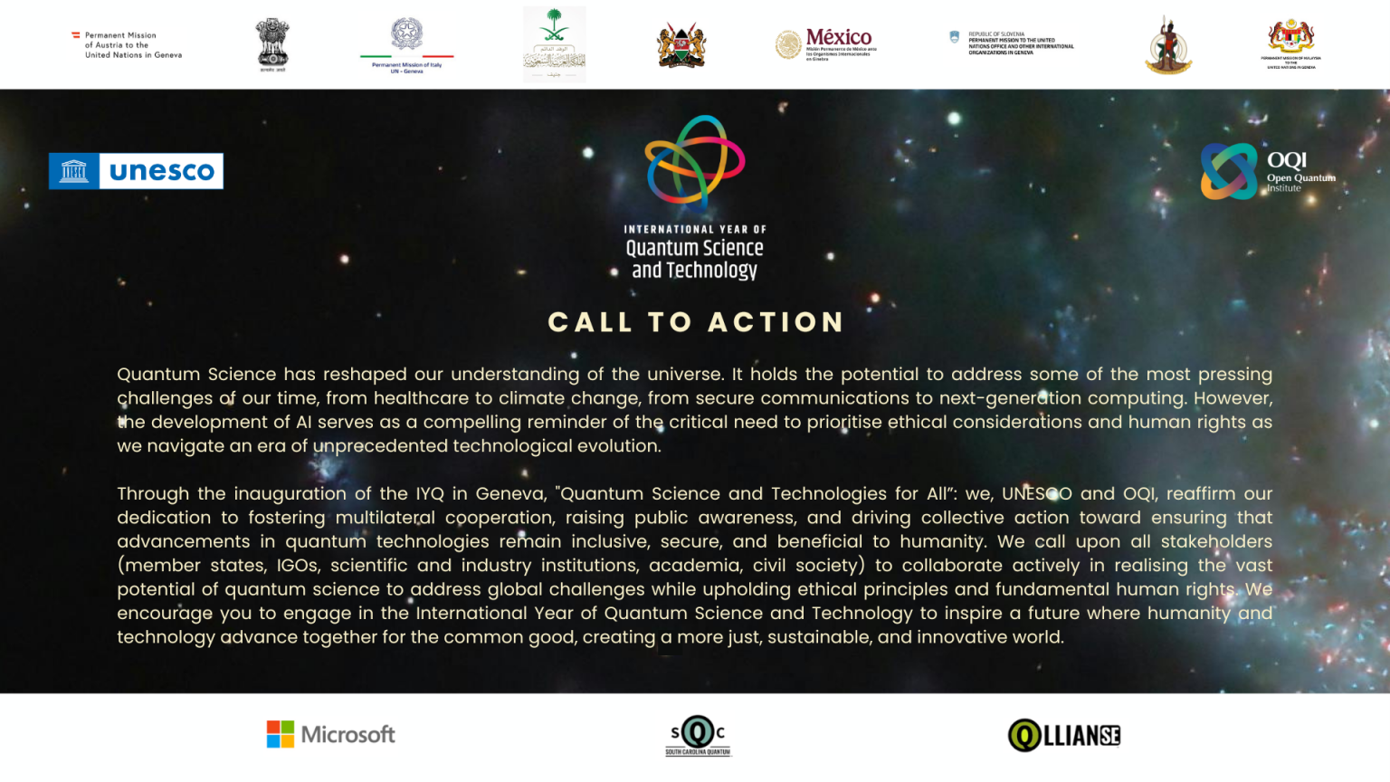 Join OQI and UNESCO’s call to action to engage in the International Year of Quantum to advance the development of quantum technology for the benefit of all